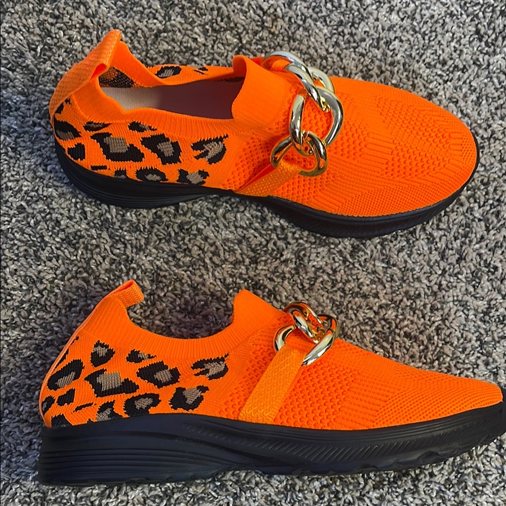 Womens orange leopard sneakers fashion Bright orange gold chain size 41 EUR